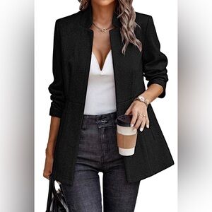 ELLEVEN Open Front Herringbone BlazerJacket with Full Lining& Padded Shoulder